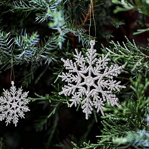 36 Pack Silver Glitter Snowflake Ornaments, Plastic Christmas Glitter Snowflake Winter Wonderland Christmas Tree Decorations, 4 Inch, Silver