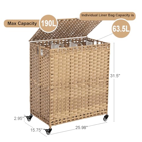 Natural Laundry Hamper with Wheels & Lid, 50.2 Gallons, 3-Section Rattan Basket