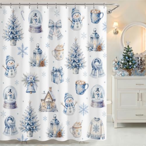 Lindameler Blue Christmas Shower Curtain 72x72 inches - Snowman Snowflakes 100% Polyester