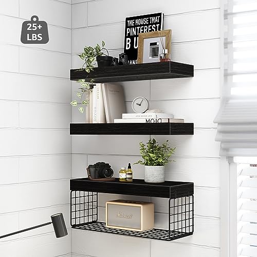 Over Toilet Wall Shelf Set - 3 Black Bathroom Shelves, 15.7 Inches