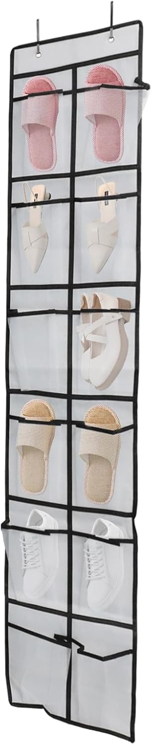 Over The Door Shoe Organizer - 12 Mesh Pockets With 4 Metal Hooks | Space-Saving Storage Solution (White)