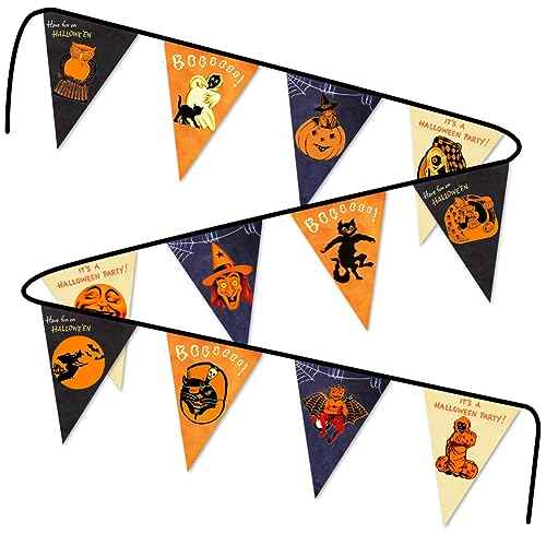 Fabric Pennant Banner for Halloween Decorations - Retro Style Indoor Outdoor Banner - Vintage Party Supplies - Happy Halloween Yard Sign
