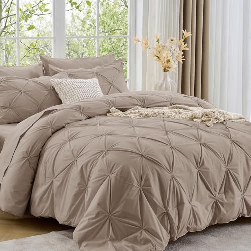 Oversized King Comforter Set with Geometric Pintuck Design - Dark Linen, 7 Pieces