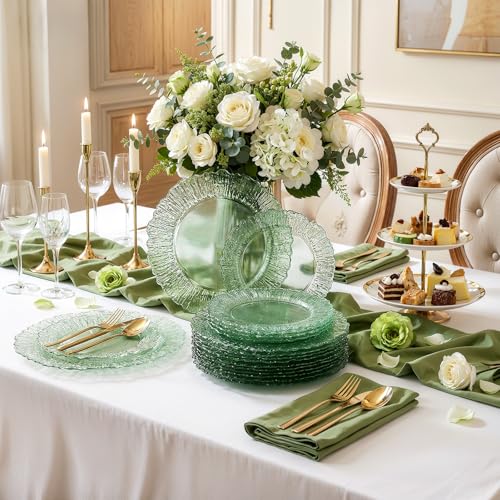 Green Plastic Plates Set 60 pcs – 30 10" Dinner + 30 7" Dessert, Clear Green Disposable Plates