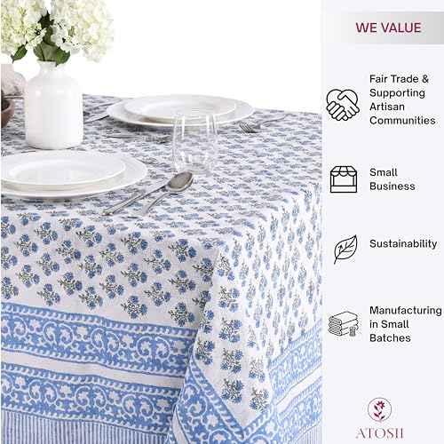 ATOSII Gulbahar Blue 100% Cotton Fall Rectangle Tablecloth 60x108 Inches, Hand Block Print, Washable, Perfect for Holidays & Events