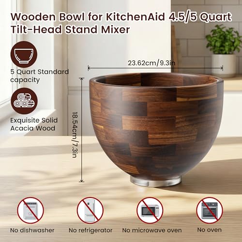Large Wooden Mixing Bowl Compatible with KitchenAid 4.5 & 5 Qt Tilt-Head