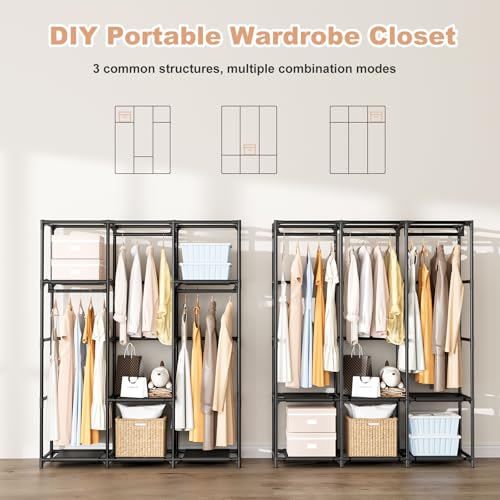 Black Portable Wardrobe Closet with Cover, 3 Hanging Rods & 6 Shelves - 49.2" Wide