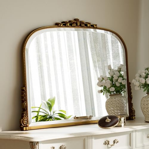 Vintage Gold Beaded Wall Mirror 27 x 36 Inch Arched Top Frame - Horizontal & Vertical Hanging