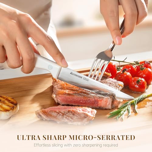 Astercook Set of 8 High Carbon Stainless Steel Steak Knives - Full Tang, Serrated, Dishwasher Safe, Cream White Handles