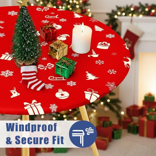Moosfor Round Spandex Christmas Red Fitted Tablecloth for 36-44" Tables - Elastic Edge