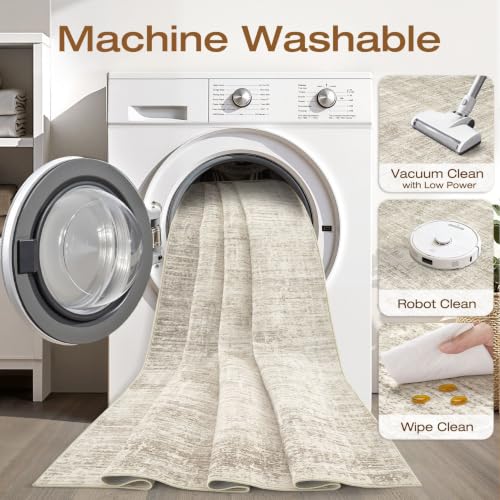 Abstract Brown Washable Area Rug 8x10 for Living Room - Neutral Modern Design