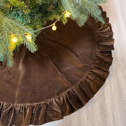 Amidaky Brown Ruffled Velvet Christmas Tree Skirt 48 Inch Holiday Decoration