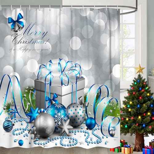 DYNH Holiday Shower Curtain, Happy Merry Christmas Silver and Blue Xmas Ball and Box for New Year Bath Curtains, Fabric Shower Curtain Bathroom Accessories 12PCS Hooks 69X70IN