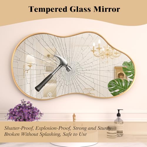 Gold Irregular Wall Mirror for Bathroom 36 Inch x 20 Inch - Modern Decorative Design