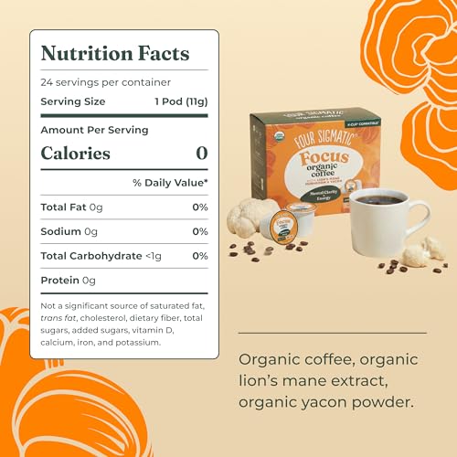Focus Original Mushroom Coffee K-Cups - 48 Count Organic Dark Roast with Lion’s Mane & Yacon - Focus & Immune Support - Vegan & Keto Pods