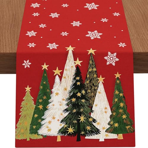 Christmas Table Runner Snowflakes & Tree Red 13"x72" Xmas Home Decor