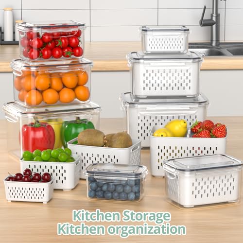 8 Pack Food Storage Containers with Removable Colanders - Airtight Fridge Organizer