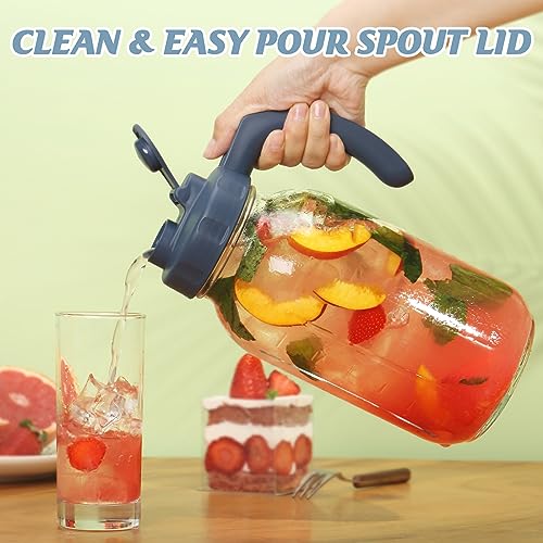 Glass Mason Jar Pitchers with Lids - 2 Quart Set in Navy & Yellow, Leak-Proof Drink Containers