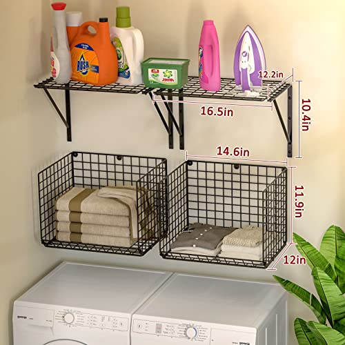 Laundry Room Wall Shelf with Wire Basket & Hooks - Black, Standard Variation