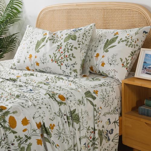 Zusbest Green King Size Floral Cotton Bed Sheet Set with Deep Pockets - 4 Pieces