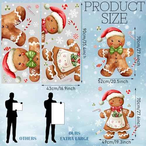 2 Sheets Gingerbread Christmas Window Clings Extra Large Gingerbread Man Window Clings Decals with Snowflakes Candy Xmas Stickers for Home Indoor Winter Party Supplies Holiday Decor 16.9 x 35.4 Inch