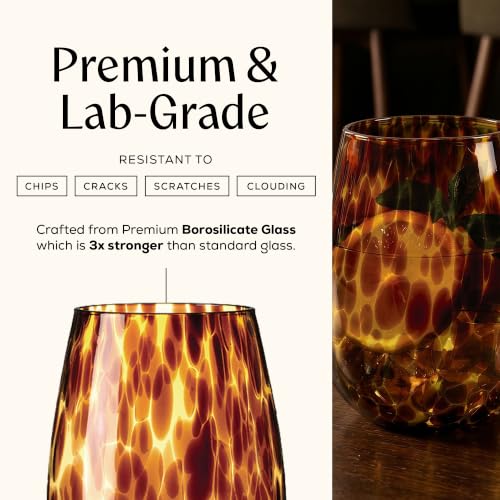 Tortoise Shell Stemless Wine & Water Glass Set - 4 Pack, 16.91 oz Borosilicate Drinkware