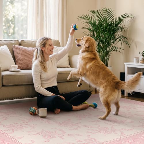 Pink Flower Washable Area Rug 5' x 7' Non-Slip Floral Living Room Decor