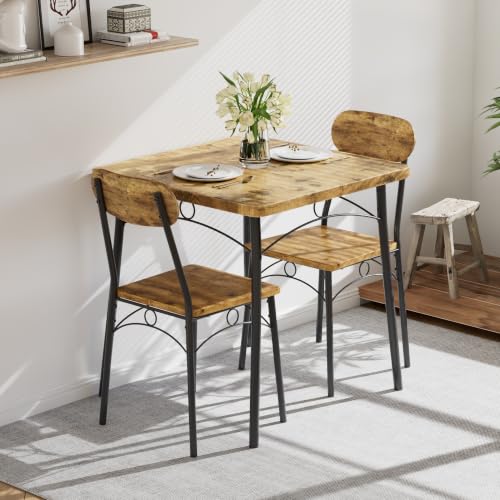 VECELO Rustic Brown 3-Piece Dining Set for 2, Space-Saving Kitchen Table & Chairs