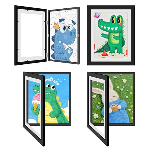 Kids Artwork Frames Set of 4, 8.5x11 Inch Changeable Picture Display, Black - Front-Opening Craft Storage