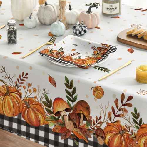 Horaldaily Fall Tablecloth 52x70 Inch Rectangular, Thanksgiving Autumn Harvest Pumpkin Mushroom Black Buffalo Plaid Table Cover for Party Picnic Dinner Decor