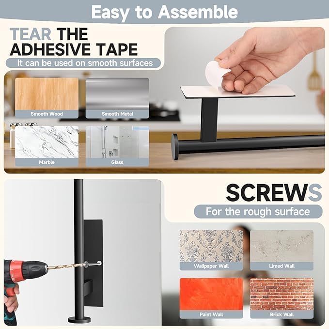 Skiennix Paper Towel Holder - No Drill Self-Adhesive Design, SUS304 Stainless Steel | Black Finish for Kitchen & Bathroom