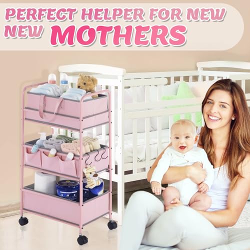 Pink 2-in-1 Baby Diaper Caddy Organizer Cart with Removable Baskets