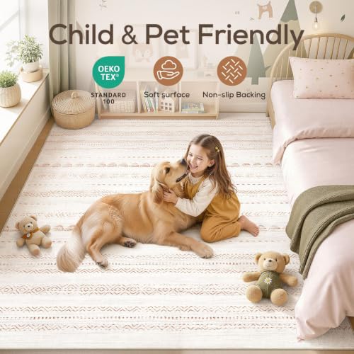 Beige Brown 8x10 Boho Area Rug - Machine Washable, Non-Slip, Soft for Living Room
