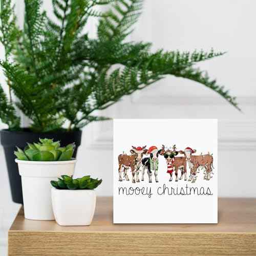 Christmas Cow Wood Box Signs, Cow Christmas Decorations, Cow Gifts for Women Cow Lovers, Farmhouse Christmas Decor, Christmas Wooden Signs for Home Office Desk Shelf Table Decor, 5x5 Inch