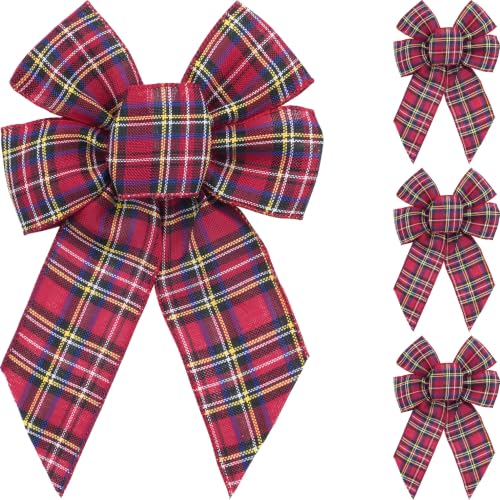Kutyndrix Red Tartan Plaid Christmas Bows for Wreaths - 4 Pack, 10.2 x 7.1 in, Double-Sided Wired Rustic Burlap Look