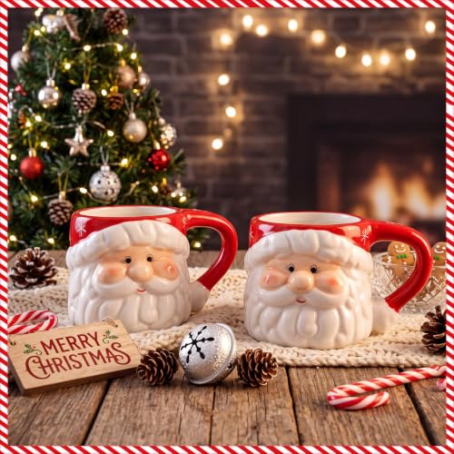 Sliner 6 Pack Red 14oz Santa Coffee Mugs - Christmas Ceramic Cup Set