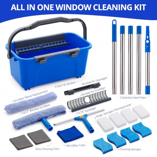 Professional Window Cleaning Kit with 76-Inch Extension Pole, Squeegee & Buckets