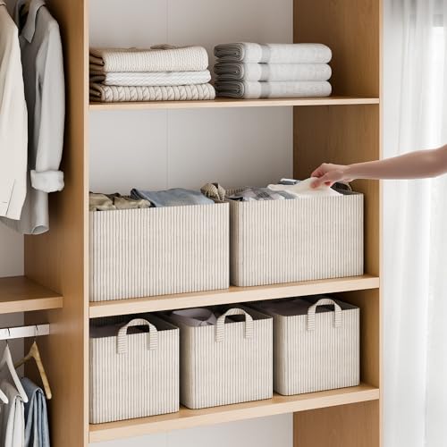 StorageWorks Fabric Storage Bins 16.5 x 12 x 10.25 inches Khaki & Beige Stripes 2-Pack