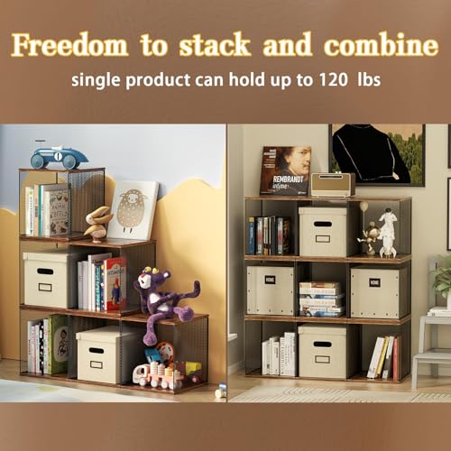 Stackable Cube Storage Organizer with Wooden & Iron Mesh Panels - Walnut Brown, 11.8x12.6x13.7 Inches