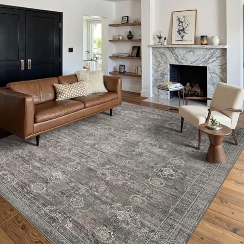 Washable 5x7 Taupe Grey Area Rug - Boho Floral Geometric Pattern for Living Room & Bedroom - Non-Slip Backing