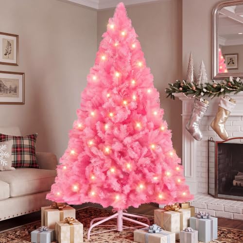 DUMOS 6 Ft Pink Pre-lit Christmas Tree - 250 LED, 8 Modes, 700 Tips