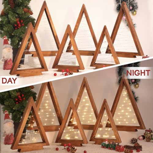 6 Pcs Wooden Christmas Tree with Lights Set - Charred Pine Tabletop Holiday Decor