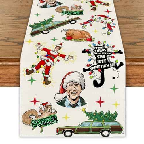 Christmas Vacation Table Runner Red and Green Vaction Xmas Table Cover Winter Seasonal Holiday Decor Merry Christmas Decorations for Home Party