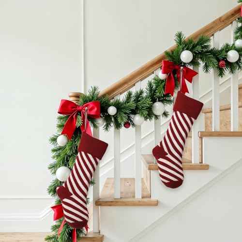 Christmas Stockings Hanging Ornaments Xmas Knitted Socks for Fireplace, Winter Red Stripes Hanging Stocking for Home Christmas Decorations Gifts
