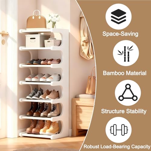 White 7-Tier Vertical Shoe Rack - Space-Saving Bamboo Shoe Organizer for Entryway & Closet