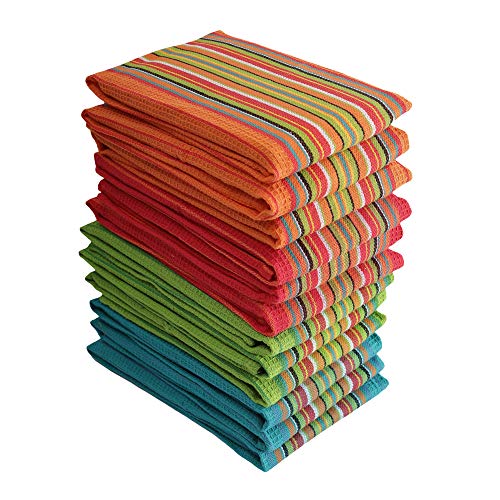 Set of 12 Salsa Stripe Kitchen Dish Towels - 100% Cotton Large Absorbent Waffle Tea Towels for Cooking & Drying