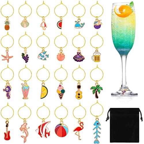 SANNIX 24pcs Wine Glass Charms - Identifier Tags for Stem Glasses - Funny Charms for Summer Christmas Wine Tasting Party Decorations