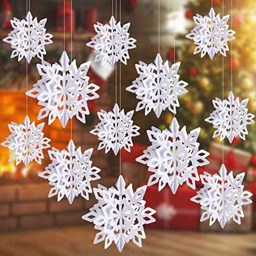 JOHOUSE 12PCS 3D Paper Snowflake Garland - White Hanging Snowflake Ornaments for Winter Christmas Home Decorations