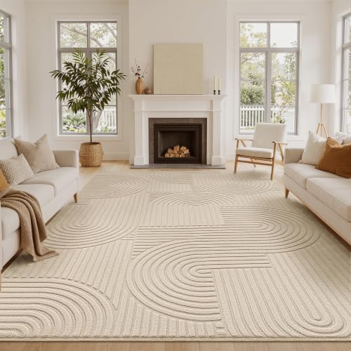8x10 Beige Washable Area Rug with High-Low Pile for Living Room - Modern Geometric Design