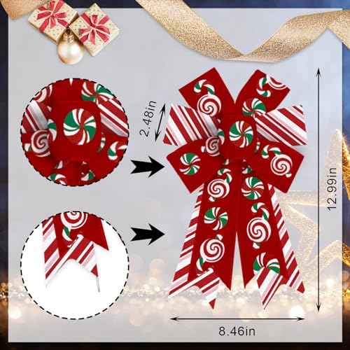 2 Pieces Christmas Bows for Wreath, Merry Christmas Wreath Bows Red Burlap Bows Xmas Candy Craft Bows Ornaments Winter Tree Bows for Front Door Christmas New Year Decorations